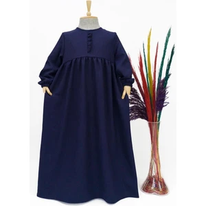 Kız Çocuk Keten Elbise - Zehra Model Uzun Tesettür Elbise Lacivert