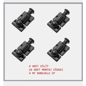 Cam Balkon Kilidi 4 Adet Kilit 4 Metre Siyah Boncuk Ip ve Montaj Vidası