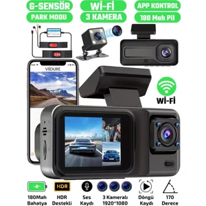 A-98 Wifi Full Hd 3 Kameralı Araç Içi Güvenlik Kamerası + Park Modu Kablosu Ön-Arka-Iç Kayıt,dashcam