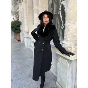 Zy Plus Siyah Seyyar Kürklü Kaşe Manto