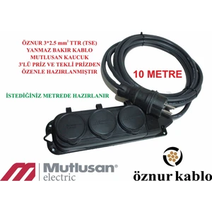 3'lü Kaucuk 10 Metre Seyyar Çoklu Uzatma Öznur 3*2.5 Ttr Bakır Kablo