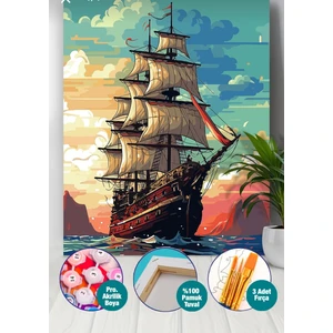 Sayılarla Boyama Seti 40X50 cm (Çıtalı) Fırça Boya Dahil Numaralı Tuval Korsan Gemi