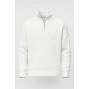 Nolan Oversize Selanik Örgü Yarım Fermuar Erkek Triko Kazak - Ekru