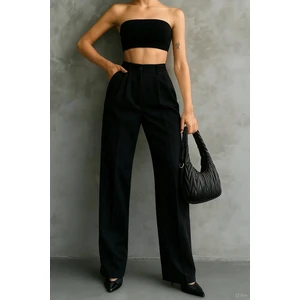 Kadın Siyah Çift Pileli Yüksek Bel Palazzo Kumaş Pantolon | Şık Ofis ve Günlük Kombinler Için