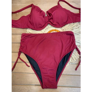 Kadın Bordo Likralı Esnek Şık Rahat Büyük Beden Telli Balenli Toparlayıcı Yüksek Bel Bikini Takım