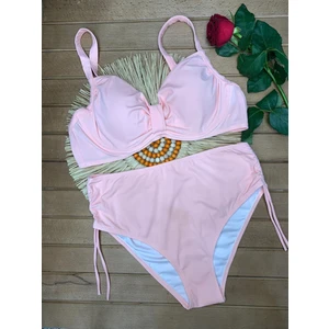 Kadın Toz Pembe Likralı Esnek Şık Rahat Büyük Beden Telli Balenli Toparlayıcı Yüksek Bel Bikini Takım