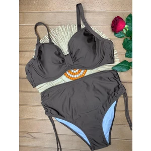 Kadın Kahverengi Likralı Esnek Şık Rahat Büyük Beden Telli Balenli Toparlayıcı Yüksek Bel Bikini Takım