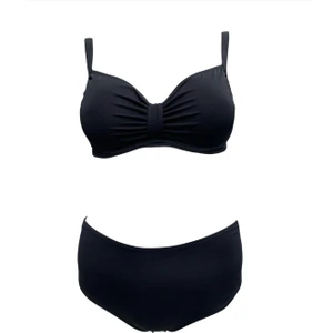 Kadın Siyah Likralı Esnek Şık Rahat Büyük Beden Telli Balenli Toparlayıcı Yüksek Bel Bikini Takım