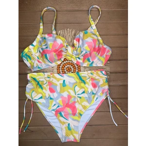 Kadın Sarı Likralı Esnek Şık Rahat Büyük Beden Telli Balenli Toparlayıcı Yüksek Bel Bikini Takım