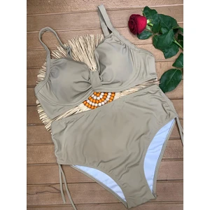 Kadın Bej Likralı Esnek Şık Rahat Büyük Beden Telli Balenli Toparlayıcı Yüksek Bel Bikini Takım