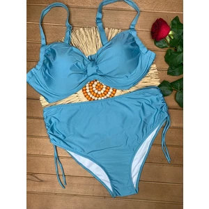 Kadın Açık Mavi Likralı Esnek Şık Rahat Büyük Beden Telli Balenli Toparlayıcı Yüksek Bel Bikini Takım