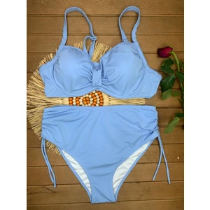 Kadın Bebe Mavisi Likralı Esnek Şık Rahat Büyük Beden Telli Balenli Toparlayıcı Yüksek Bel Bikini Takım