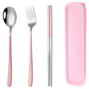 Pembe Renk Premium Çocuk Paslanmaz Çelik Çatal-Kaşık ve Çubuk Set, 5 Parça (24+ Ay)