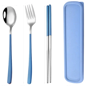 Mavi Renk Premium Çocuk Paslanmaz Çelik Çatal-Kaşık ve Çubuk Set, 5 Parça (24+ Ay)