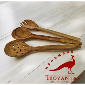 Troyan 1868 Vintage Üçlü Set, Zeytin Ağacı 28 cm. KAŞIK ÇATAL KEVGİR