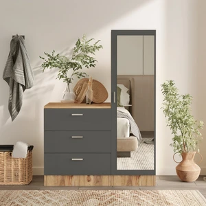 L'occi Concept Foster 3 Çekmeceli Aynalı Şifonyer Gardırop Çam-Antrasit Gri