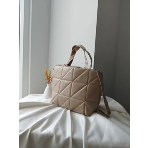 Kapitone Desen Günlük Model Deri Bej Orta Boy Kadın El ve Omuz Çanta