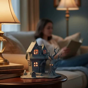 3D Baskı LED Işıklı Perili Ev – Mat Siyah Dekoratif Obje