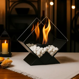 Metal Siyah Renk Modern Masa Üstü Şömine Sertifikalı Yakıt ve Dekoratif Taş Hediyeli