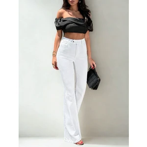 Kadın Yüksek Bel Likralı Ispanyon Paça Jeans Kot Pantolon Beyaz