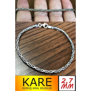 Takı Dükkanı 925 Ayar Gümüş Erkek Bileklik Kare Kral Model 2,7mm Genişlik 20cm Uzunluk msb07