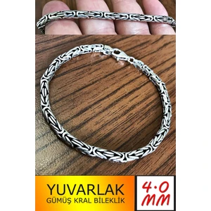 Takı Dükkanı 925 Ayar Gümüş Erkek Bileklik Yuvarlak Kral Model 4mm Genişlik 21cm Uzunluk msb05