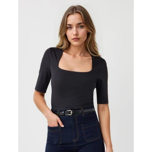 Jimmy Key Siyah Dar Kesim Kare Yaka Dirsek Kol Örme Bluz