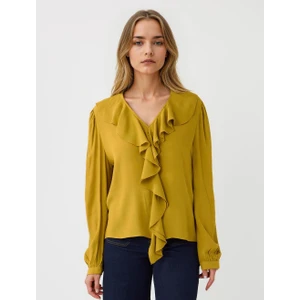 Jimmy Key Yağ Yeşili Uzun Kollu V Yaka Fırfır Detaylı Dokuma Bluz