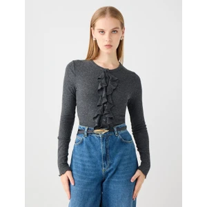 Jimmy Key Antrasit Dar Kesim Yuvarlak Yaka Uzun Kollu Fırfırlı Bluz