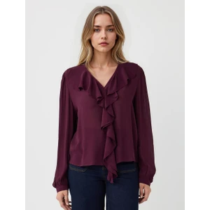 Jimmy Key Bordo Uzun Kollu V Yaka Fırfır Detaylı Dokuma Bluz