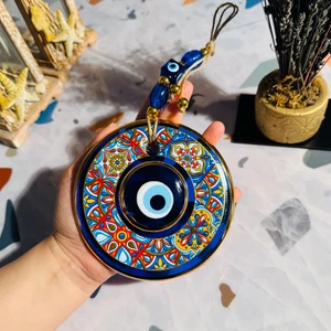 El Yapımı Hediyelik Dekoratif Nazar Boncuğu, Yaldızlı ve İpli, 13  cm  Duvar Süsü, Cam Nazarlık  