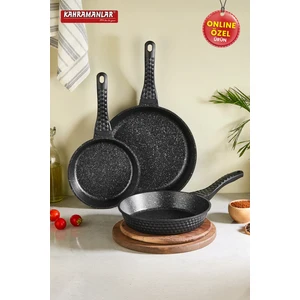Alüminyum Döküm Düz Tava Seti 3 Parça 20-24-28 cm PTFE Kaplama Siyah
