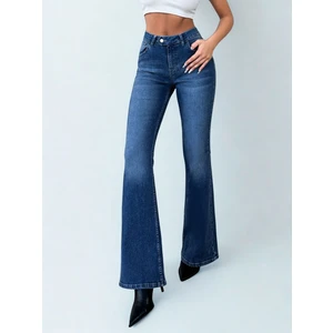 Kadın Likralı Yüksek Bel Ispanyol Paça Jens Mavi