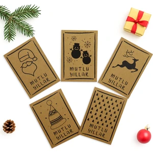 Repro Design 10x14 CM Yılbaşı Temalı 5 Adet Tebrik Kartı 5 Farklı Model Mutlu Yıllar Kraft Siyah Yazı