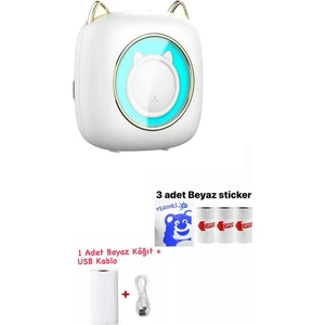 Mini Cep Termal Yazıcı Beyaz Kedili, 3 adet Beyaz Sticker Rulo Hediyeli