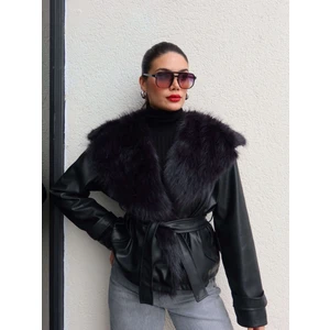 Kürk Yaka Kuşaklı Deri Ceket