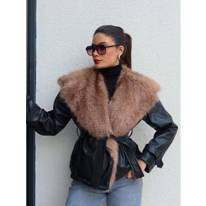 Kürk Yaka Kuşaklı Deri Ceket