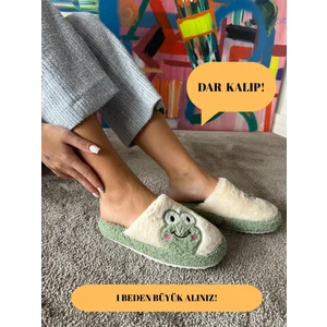 Kadın Sessiz Taban Yumuşak ve Hafif Kurbağa Desenli Peluş Ev Terliği