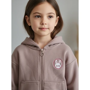 Minik Tavşan Nakışlı Fermuarlı Kapüşonlu Kız Çocuk Polar Hırka