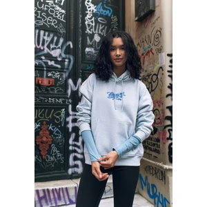 Kadın Nakış Detaylı Kapüşonlu Sweatshirt Mavi Melanj