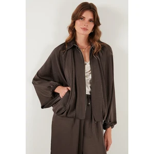 Oversize Klasik Yaka Yarasa Kol Fermuarlı Saten Ceket Bayan Ceket 6839584