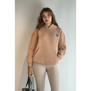 Kadın Kapüşonlu Baskı Detaylı Kanguru Cepli Oversize Sweatshirt