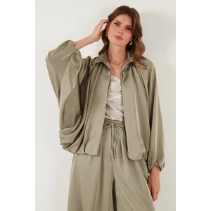 Oversize Klasik Yaka Yarasa Kol Fermuarlı Saten Ceket Bayan Ceket 6839584