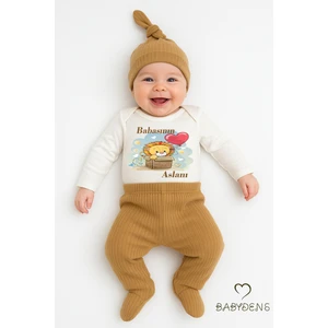Babasının Aslanı Baskılı 3’lü Bebek Takımı Uzun Kol Çıtçıtlı Zıbın, Ribana Pantolon, Bere %100 Pamuk