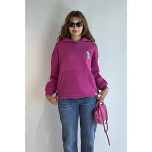 Kadın Kapüşonlu Baskı Detaylı Kanguru Cepli Oversize Sweatshirt