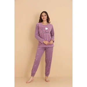 Fwn 04-3309 Peluş Welsoft Polar Kışlık Yumoş Kalpli Kedili Kadın Pijama Takımı