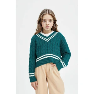 Kız Çocuk V Yaka Saç Örgülü Triko Kazak D6760A8NS