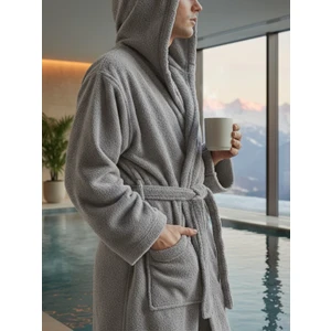 Kapşonlu Bukle Bornoz - Gri