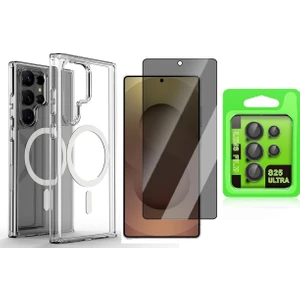 Galaxy S25 Ultra Kılıf Magsafe Şarj Özellikli Şeffaf Sert Pc Zore Embos Kapak + Hayalet Cam Ekran Koruyucu + Kamera Lens Koruyucu Set