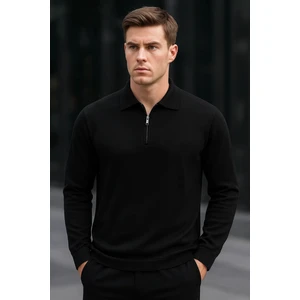 Erkek Yarım Fermuarlı Basic Kışlık Siyah Sweatshirt